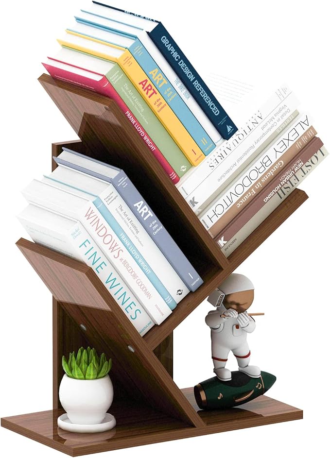 Tree Bookshelf, 3-Tier Small Book Storage Organizer Shelves Floor Standing Bookcase, Wood Storage Rack for Office Home School Shelf Display for Cd/Magazine（Dark Walnut ）