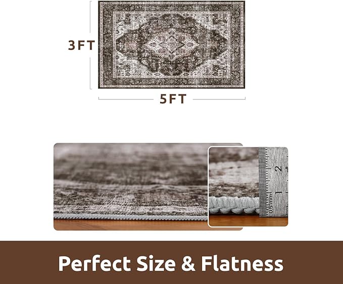 AMOAMI-3X5 Area Rug-Soft Washable Vintage Throw Accent Rugs for Living Room, Entryway, Bedroom, Kitchen, Bathroom, Laundry Room, Kitchen, Bathroom, Bedside, No Slip Brick/Brown