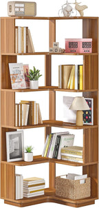6-Shelf Corner Bookshelf, 65” Tall L Shaped Bookcase, 6-Tier Industrial Corner Shelf Storage Display Rack for Living Room Home Office, Wood Grain Walnut
