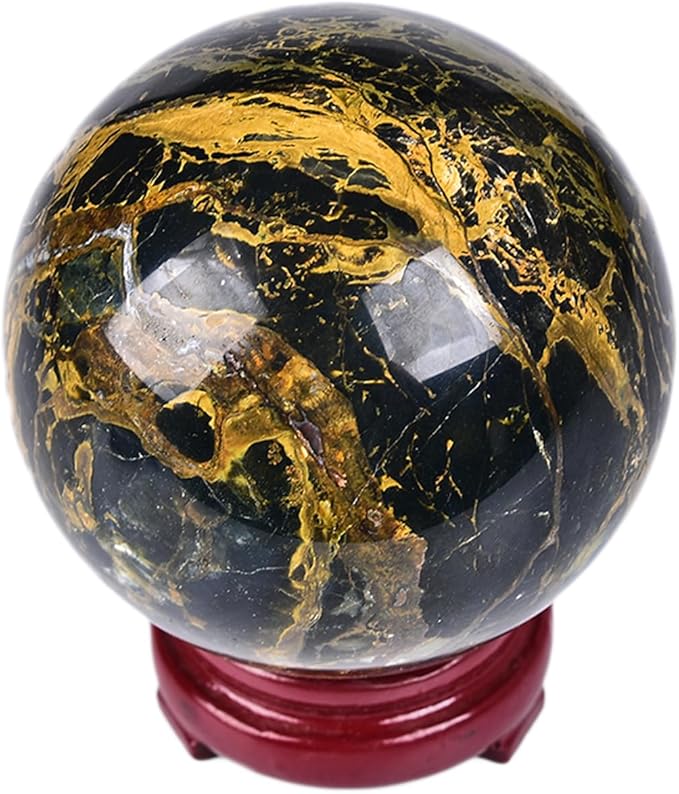 JIC Gem Large Blues and Golden Browns Crystal Sphere with Stand Pietersite Crystal Ball Sphere Gemstone Decorative Ball for Home Decor Altar Reiki Feng Shui Crystal Gift 80-90mm