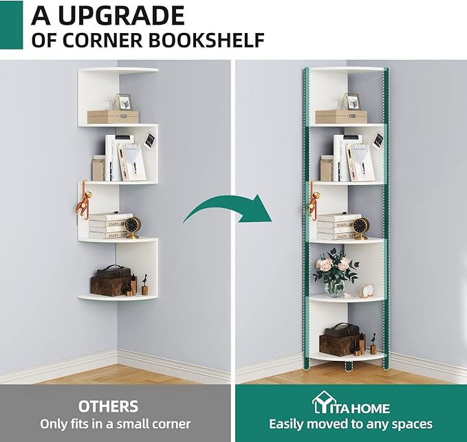 YITAHOME 6-Tier Corner Shelf, 68.8" Tall Modern Free Standing Zigzag Corner Bookshelf, 6 Shelf Display Corner Bookcase Open Small Book Shelves for Living Room, Home Office, Small Space, White