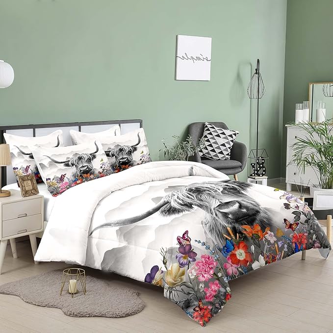 Tailor Shop Highland Cow Comforter Sets Queen Size,Highland Cow Bedding for Teens Kids Man,Cattle Western Funny Animal Bedding Wildlife Farmhouse Bull Mountain Flower Comforter with 2 Pillowcase