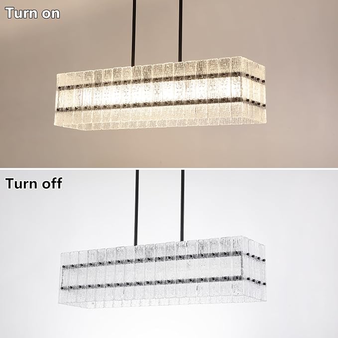 Modern Black Rectangle Water Ripple Glass Chandelier 6 Lights for Dining Room Kitchen Island Bar Living Room UL Listed L39.4 in