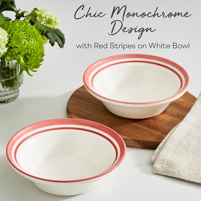 Portmeirion Potter’s Stripe Oatmeal Bowls (Set of 4) - Versatile Earthenware Bowls for Kitchen, Soups, Cereal & Desserts - Dishwasher & Microwave Safe - Made in UK Dinnerware Collection (Red Stripe)