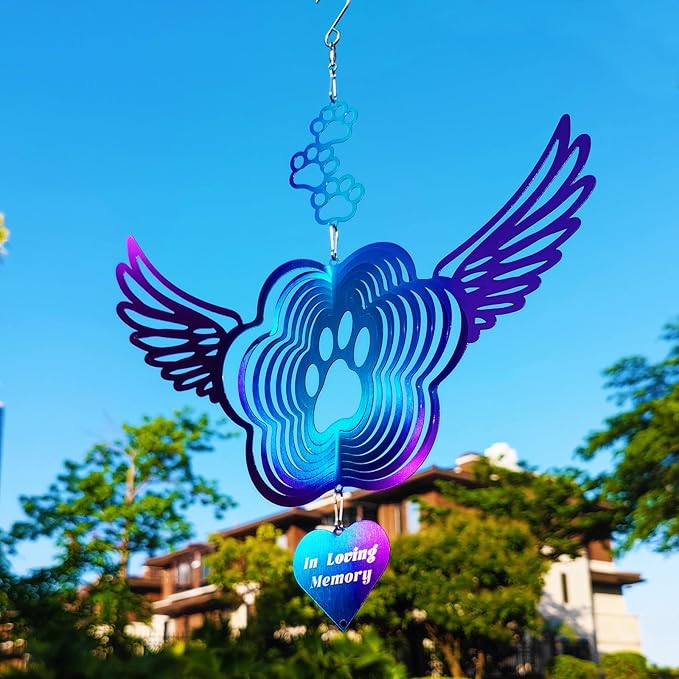 DJUAN Pet Memorial Wind Spinners, Cat Memorial Gifts,Stainless Steel Angel Wings Pet Paw Print,Dogs and Cats Remembrance, Pet Sympathy,Pet Loss Bereavement Gifts