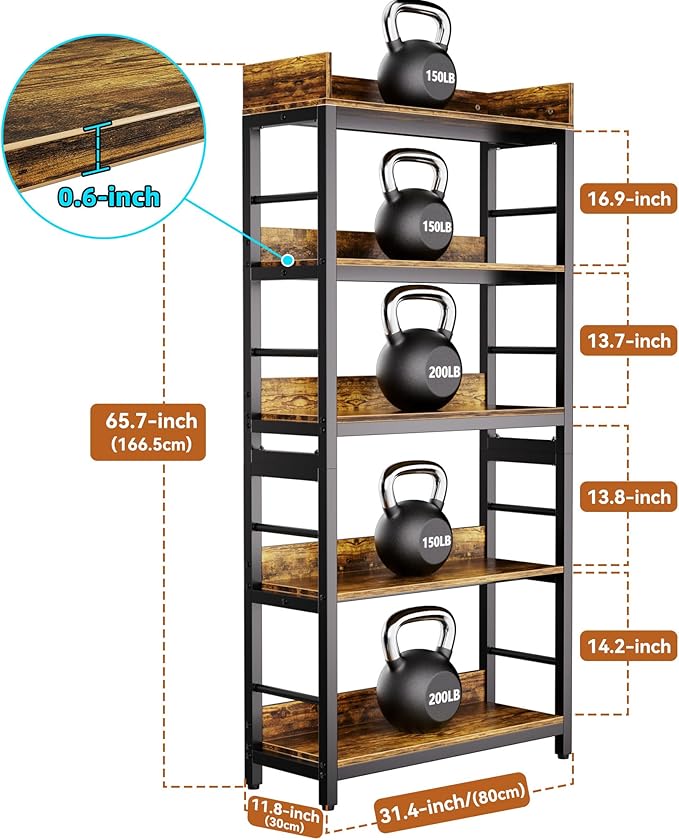 Aquzee Bookshelf, 66" H 5-Tiers Heavy Duty Industrial Shelving Wood & Metal Bookcase, Rustic and Black Tall Shelf Units for Home, Office, Living Room