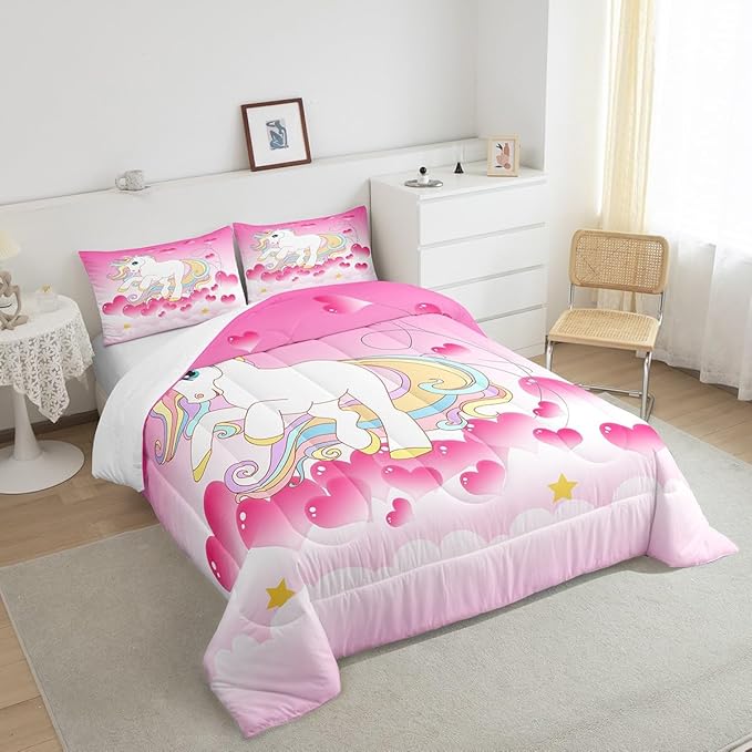 Girls Unicorn Comforter Set King Girly Fantasy Rainbow Unicorn Bedding Set for Kids Little Girls, Pink Love Heart Duvet Sets Dreamy Horse Cartoon Magical Animal Down Comforter with 2 Pillowcases