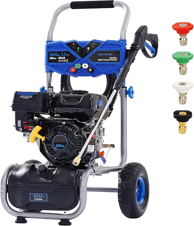 Gas Pressure Washer 3500 PSI, 2.3 GPM Heavy Duty High Power Washer,209CC 7HP Engine with 25Ft Pressure Hose, Axial Aluminum Pump, Soap Tank, 4 Quick Connect Nozzle (Blue)
