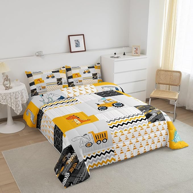 Feelyou Construction Comforter Set Queen Size Kids Cartoon Car Excavator Tractor Toddler Comforter Equipment Trucks Plaid Grid Yellow Comforter Set Construction Vehicles Duvet Set Quilt Set