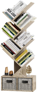 Vagusicc 6 Tier Tree Bookshelf - Retro Shelf Floor Standing Bookcase with Baskets, Tall Wood Book Storage Rack for Books/CDs, Tree Utility Book Organizer Shelves for Living Room, Home Office, Bedroom