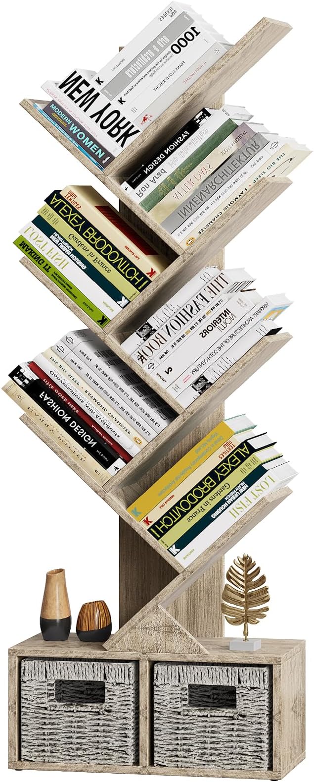 Vagusicc 6 Tier Tree Bookshelf - Retro Shelf Floor Standing Bookcase with Baskets, Tall Wood Book Storage Rack for Books/CDs, Tree Utility Book Organizer Shelves for Living Room, Home Office, Bedroom