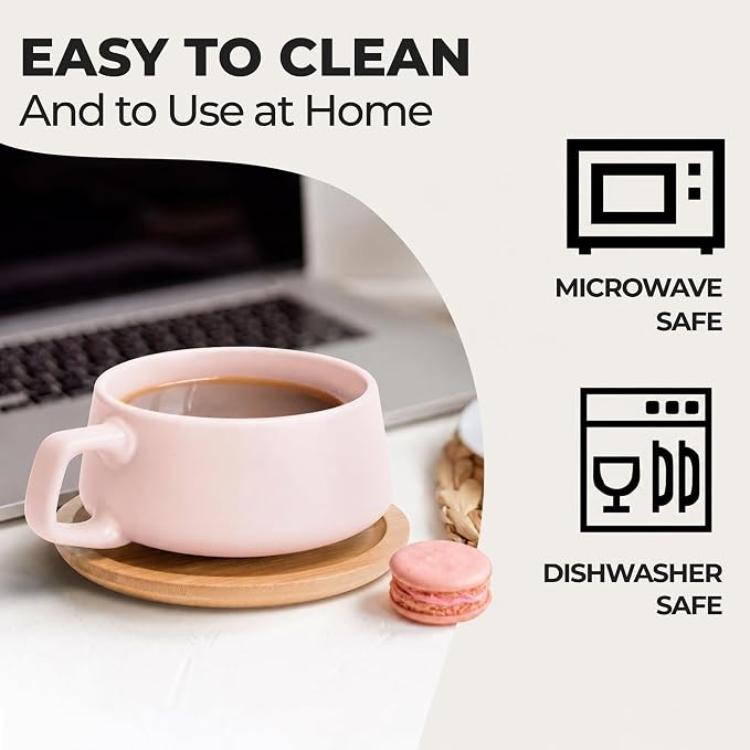 MIAMIO - Cappuccino Cup Set of 4, Ceramic, Wide (9.5oz) - Luxe (Cream Rose) | Ceramic cappuccino cups and saucers, wide latte cups and mugs for Americano, 4-piece set of ceramic cups, dishwasher safe