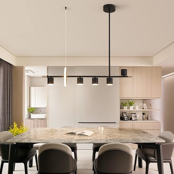 Siittoo 40" Modern LED Pendant Light, Dimmable Black Kitchen Island Light | 40W Remote-Controlled LED, Adjustable 3000K-6000K Lighting with Spotlights for Kitchen Island, Dining Room & Bar