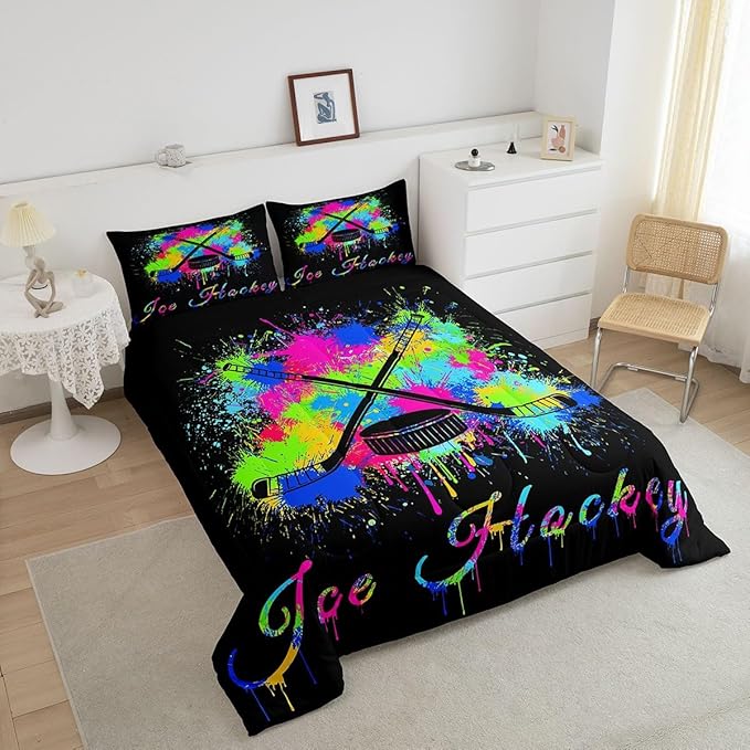 Feelyou Kids Ice Hockey Comforter Set Queen Size Gaming Sports Bedding Set for Boys Girls Teens Bedroom Decor Ice Sports Games Tie Dye Comforter Hockey Player Duvet Set with 2 Pillow Case