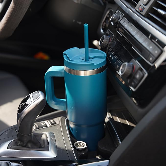 Konokyo 40 oz Insulated Tumbler Water Bottle with Handle, Straw Lid | BPA-free and dishwasher safe; made for gym, travel, coffee and gifting, 2 straws, cup holder friendly,Sky