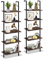 5 Tiers Ladder Shelf 2-Piece Black Modern Tall Bookshelf Open Large Tall Wall Mount Storage Bookcase Standing Leaning Wall Shelves Industrial Decorative