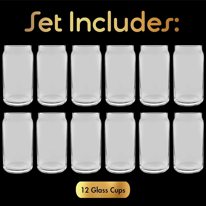 16 oz Can Shaped Glass Cups, Set of 12 Beer Can Glasses, Aesthetic Soda Can Cup Clear Glass Tumbler Beer Glasses, Cute Cups Tall Cocktail Drinkware, Cool Drinking Glasses for Kitchen, Modern Glassware