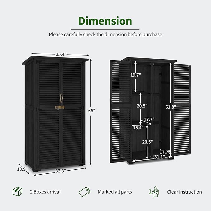 MCombo Outdoor Storage Cabinet, Wooden Storage Shed with Latch, Outside Garden Tool Shed with 2 Doors for Patio Yard Lawn, 0808 (Black, Medium)