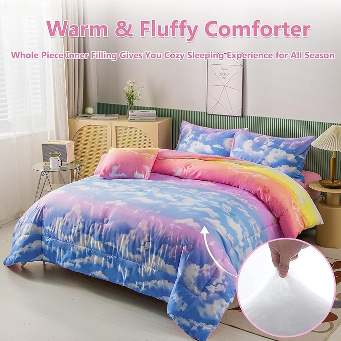 PERFEMET White Cloud Print Girls Comforter Set Queen Size 6 Pieces Teen Girl Tie Dye Bedding Set Colorful Rainbow Bed in A Bag Comforter Set with Sheets