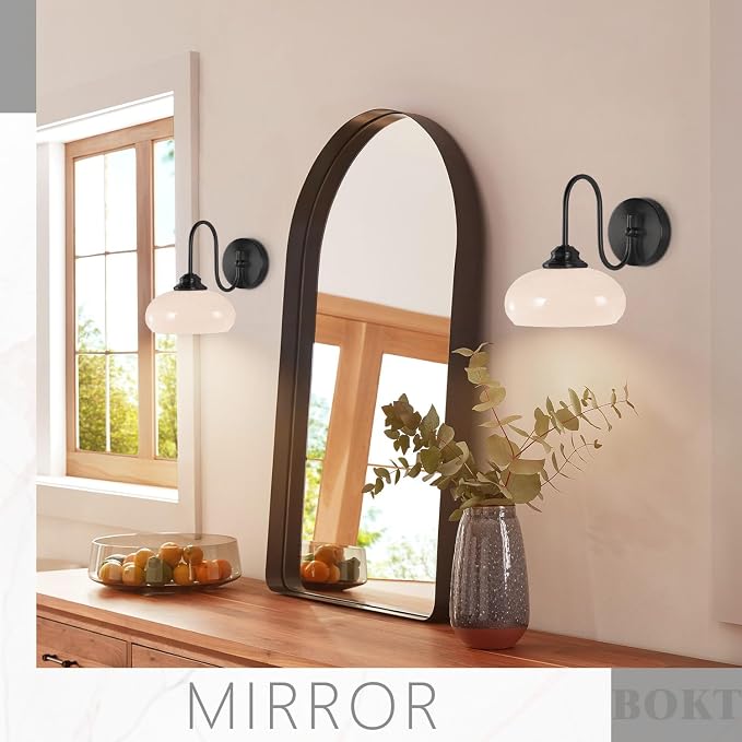 Modern Matte Black Wall Sconce Farmhouse 7.9" Milk White Glass Globe Wall Lamp for Industrial Style Hard-Wired Semi Flush Mount Wall Light Fixture for Stairway, Hallway, Bedroom