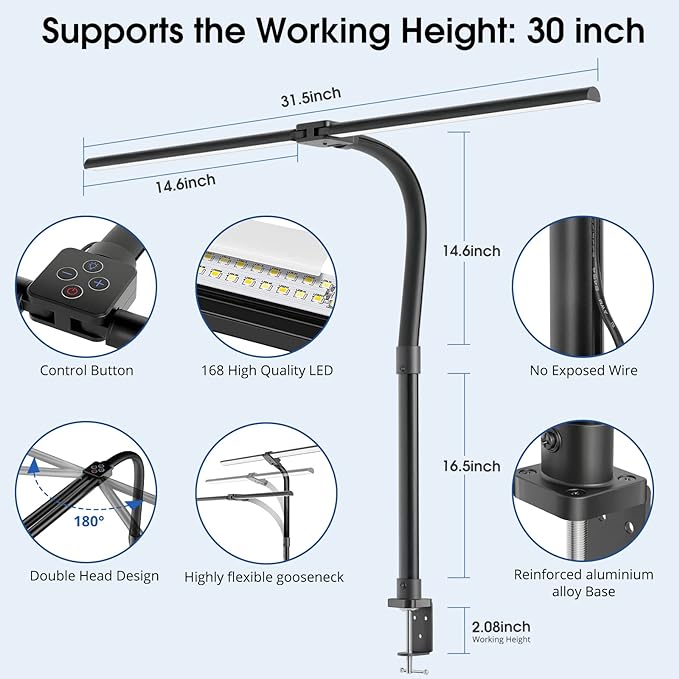 LED Desk Lamp, 24W Double Head Desk Lamp with Clamp, Modern Eye Caring Architect lamp with 5 Color Modes and 5 Dimmable, for Workbench, Monitor, Reading, Home Office