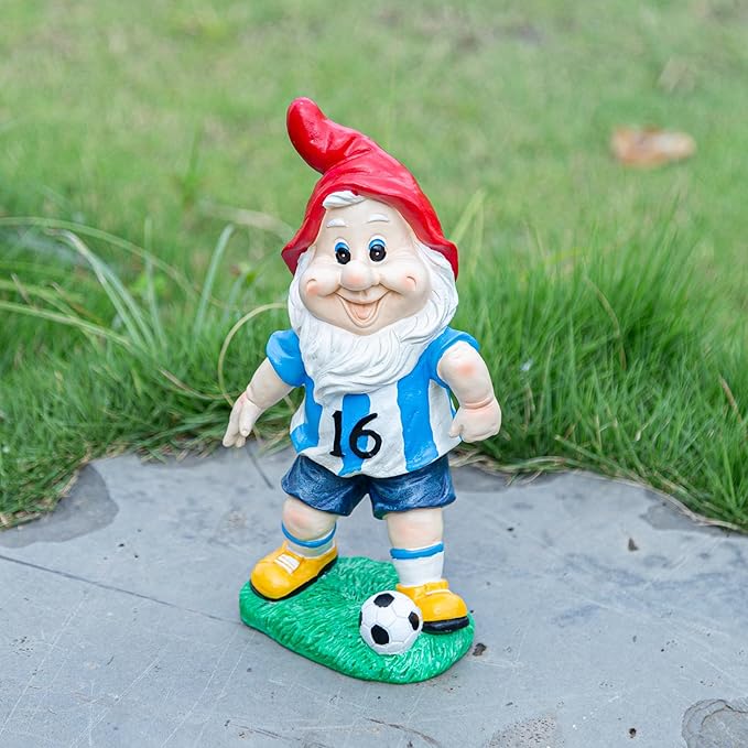Outdoor Gnome Sculpture Soccer Garden Gnome Statue, 9.8 x 5.1 x 3.5 inches, Red Hat with Blue Jersey The for Football Enthusiasts
