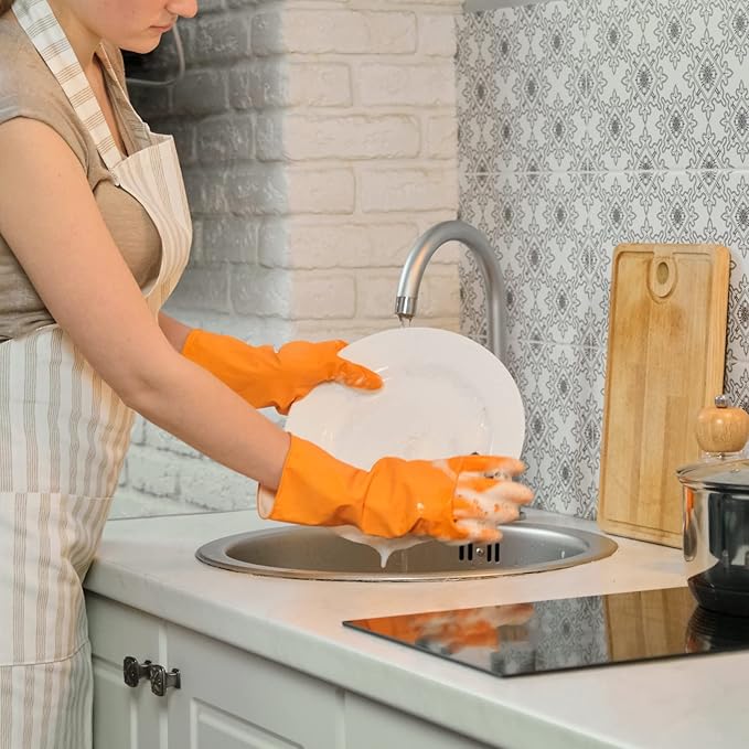 Bamllum 3 Pairs Rubber Cleaning Gloves for Household - Reusable Dishwashing Gloves for Kitchen, Flexible Long-lasting & Waterproof (Large, Green+Red+Orange)