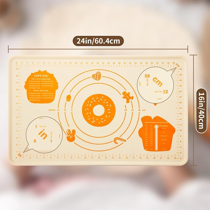DANIA & DEAN Silicone Baking Mat - Upgrade 26x16 Inch Extra Thick Pastry Mat with Measurements, Non-Slip and Reusable, Kneading Dough Mat for Kitchen Counter, Bread, Cookies, Pizza, Fondant, Pasta
