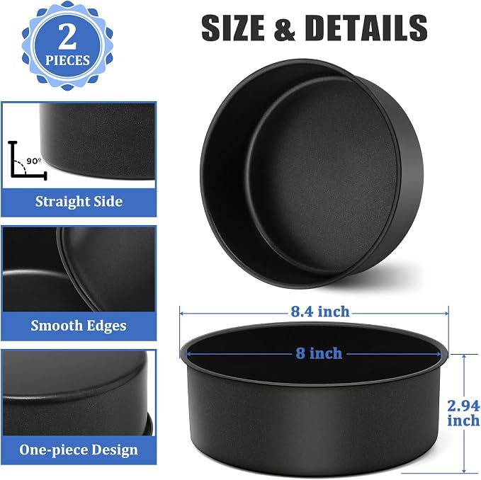 P&P CHEF 8 Inch Cake Pan Set, 2Pcs Non-stick Round Baking Cake Pans Tins | Stainless Steel Core & Nonstick Coating, Good for Baking Layer Tier Cakes for Birthday Wedding, Deep Side & One-piece Design