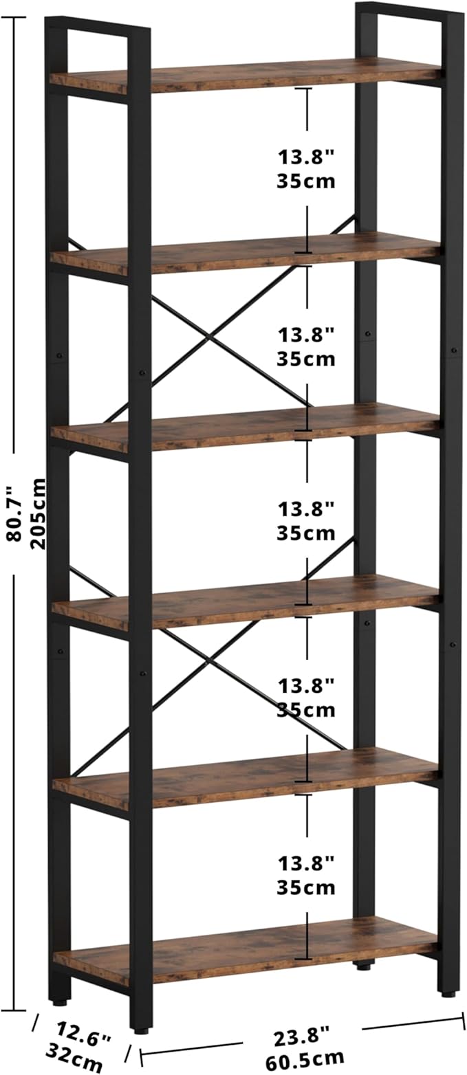 IRONCK Bookshelf 6-Tier Ladder Shelf 110lbs/shelf Display Shelf Vintage Industrial Style Bookcase for Home Office, Living Room