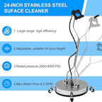 24" Pressure Washer Surface Cleaner with 304 Industrial-Grade Stainless Steel Housing, Dual Handle, Driveway Pressure Washer Attachment, 2 Replacement Nozzles, for Concrete, Sidewalk, Deck, 4000 PSI