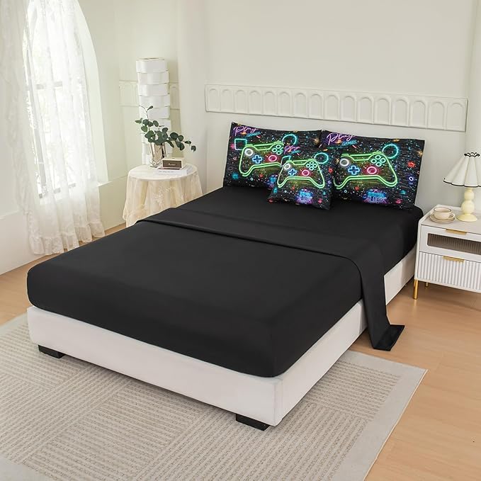 NINENINE Gaming Bedding Sets for Boys, 6PCS Queen Size Comforter Sets for Boys,Gamer Bedding Bed in A Bag Comforter Sheet Set(1Comforter,1Flat Sheet,1Fitted Sheet,1Cushion Cover,2Pillowcases)…