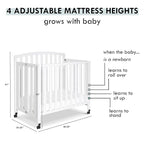 DaVinci Dylan Folding Portable 3-in-1 Convertible Mini Crib and Twin Bed in White, Greenguard Gold Certified