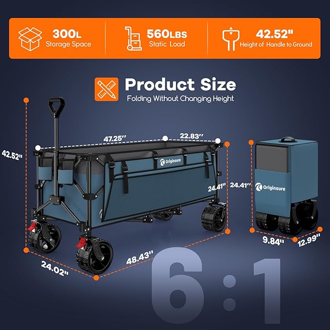 48" L Collapsible Wagon Cart Foldable, 560lbs Weight Capacity 300L Heavy Duty Folding Beach Wagons with Big All-Terrain Wheels, Utility Carts for Groceries, Shopping, Camping, Sports - Grey&Blue