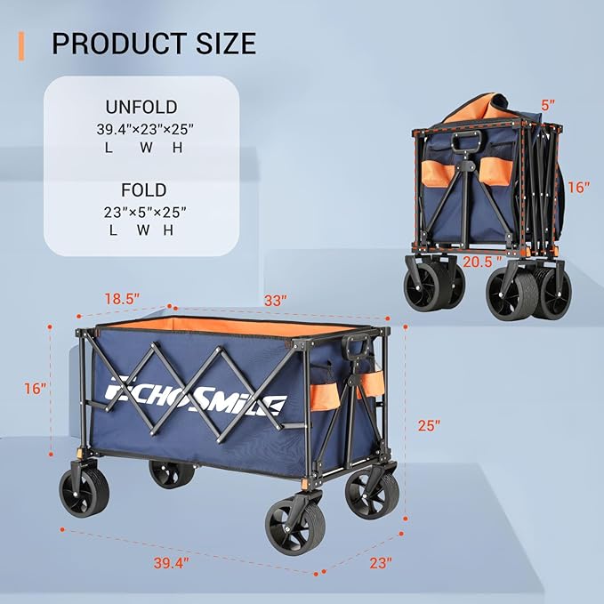 EchoSmile Collapsible Folding Wagon Cart 360lbs, Heavy Duty Garden Utility Cart with All Terrain Wheels, Large Capacity Outdoor Wagon for Camping, Beach, Shopping, Picnic (Blue Orange)