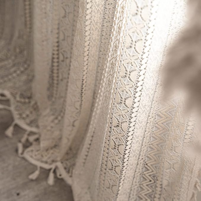 Sutuo Home Crochet Boho Curtain 96 Inches Length, Sheer Lace Handmade Tassels Knitted Window Treatment Vintage Rustic Bohemian Farmhouse Drape for Bedroom Rod Pocket 1 Panel 59" W x 96" L, Beige Wave