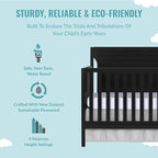 Cape Cod 5-In-1 Convertible Crib In Black, Greenguard Gold And JPMA Certified, Built Of Sustainable New Zealand Pinewood, 3 Mattress Height Positions