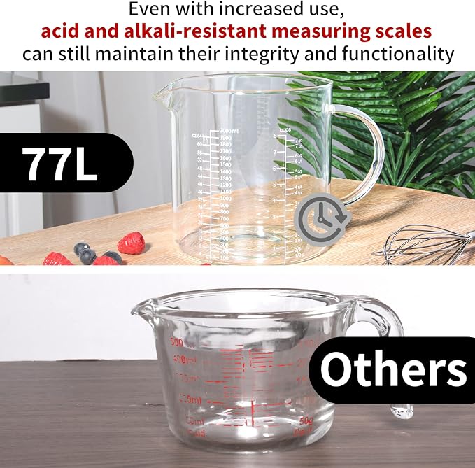 77L Glass Measuring Cup, [Insulated handle, V-Shaped Spout], High Borosilicate Glass Measuring Cup for Kitchen or Restaurant, Easy To Read, 2000 ML (2 Liter, 8 Cup)