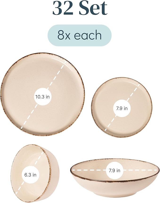 Stoneware dinnerware set 8 persons Rustic 32 pcs - Rustic design dinnerware set, dishwasher safe - Bowl and plate set - Pure Living dinnerware in beige…