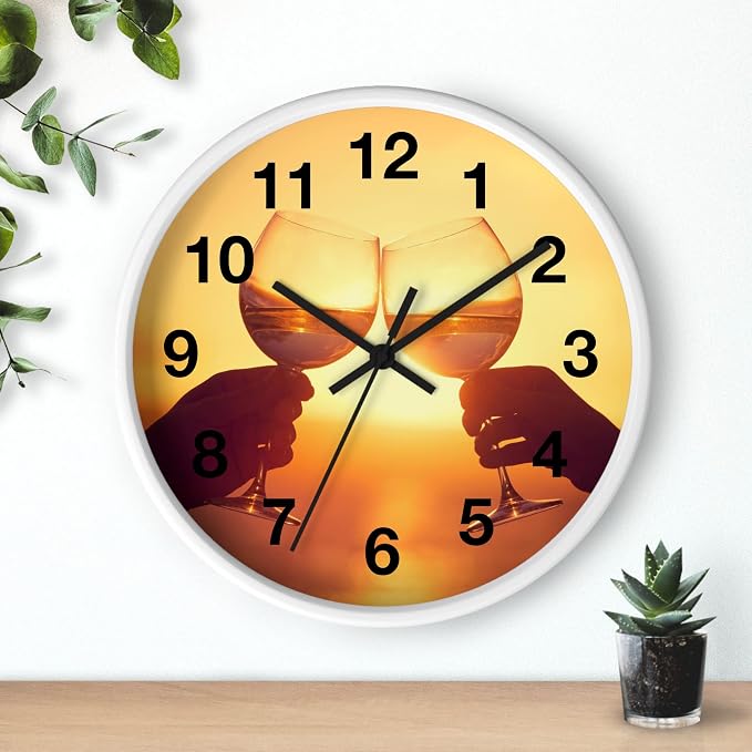 Mozingo ~ Wine Clock for Kitchen Bar Wall It's Wine O'clock Silent Time Gift Home Decor Made In USA, 10" (Hour Marks - Numbers, Clock Frame Color - White, Wine Theme #05)
