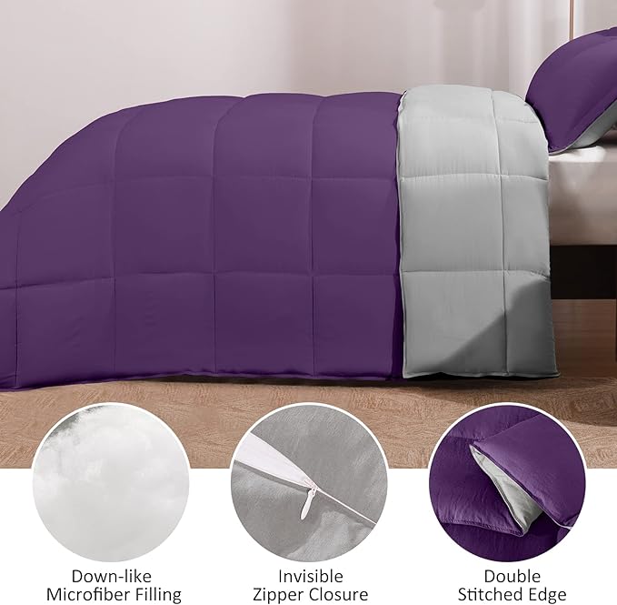 Basic Beyond King Size Comforter Set - Fluffy King Bed Comforter Set for All Seasons - Reversible Purple King Size Comforter Set - 3 Pieces (1 Comforter + 2 Pillow Shams) - Purple/Grey