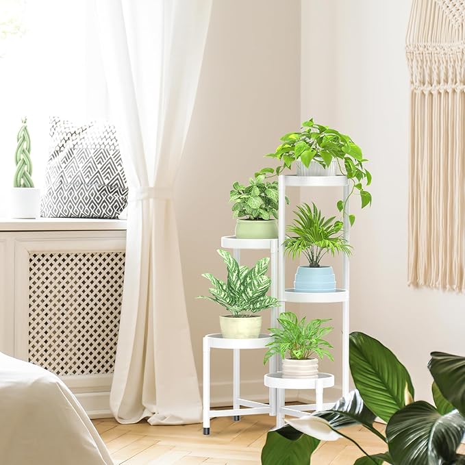 iDavosic.ly Plant Stand Indoor Outdoor, 5 Tier Corner Metal Flower Display Holder Shelf, Folding Tall Orchid Rack for Patio Balcony Porch Garden Living Room House, White