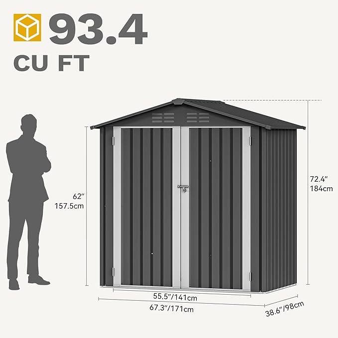 DWVO 6x4ft Metal Outdoor Storage Shed, Lockable Tool Storage Sheds, Oversized Steel Garden Sheds with Sloped Roof for Backyard, Patio, Garage, Lawn, Dark Gray