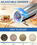 CIRCLE JOY Gravity Electric Salt and Pepper Grinder Set Stainless Steel Automatic Salt and Pepper Grinder Set, Battery Operated, LED Light, Adjustable Coarseness, for Home Kitchen BBQ, Silver