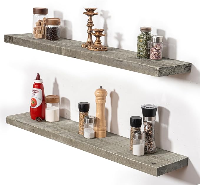 Fun Memories Floating Shelves for Wall Decor, 36"x8" Rustic Reclaimed Wood Shelves, Heavy-Duty Wall Mounted Shelves with Invisible Brackets, Set of 2for Living Room, Bedroom, Kitchen, Grey Finish