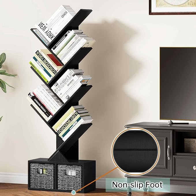Vagusicc 6 Tier Tree Bookshelf - Modern Shelf Floor Standing Bookcase with Baskets, Tall Wood Book Storage Rack for Books/CDs, Tree Utility Book Organizer Shelves for Living Room, Home Office, Bedroom