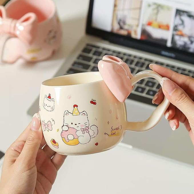 DTIUYIOP-Kawaii White Cute Cat Ceramic Coffee Mug with 3D Pink Bow & Bow Spoon, Curved Large Handle Kitty Tea Cup, Cute Aesthetic Gift for Girls Women Cat Lovers Birthday Christmas