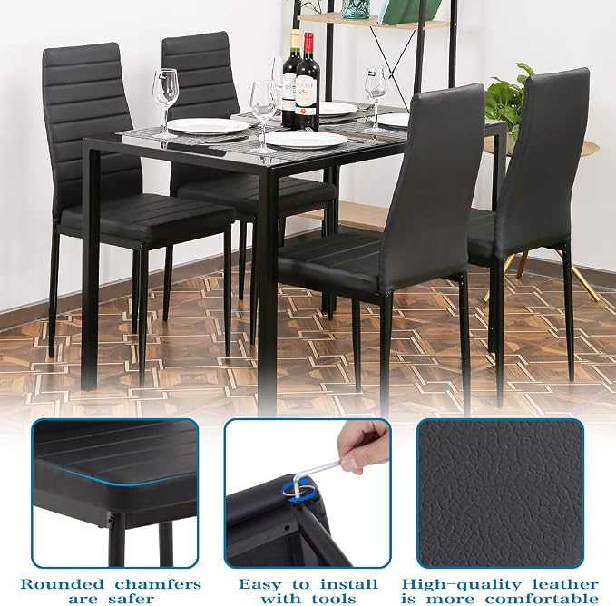 FDW | 5-Piece Dining Table Set | Black | Glass Kitchen Table | With 4 Upholstered Chairs and Faux Leather Cushions | Space-Saving and Modern Design | Easy to Assemble | for Dining Room