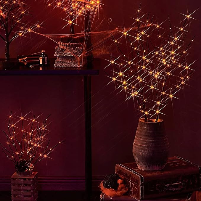 LITBLOOM Halloween Tree Branch Lights 32IN 100 Orange LED with Timer, Lighted Black Twig Branches with Fairy Lights for Halloween Decoration Indoor Outdoor