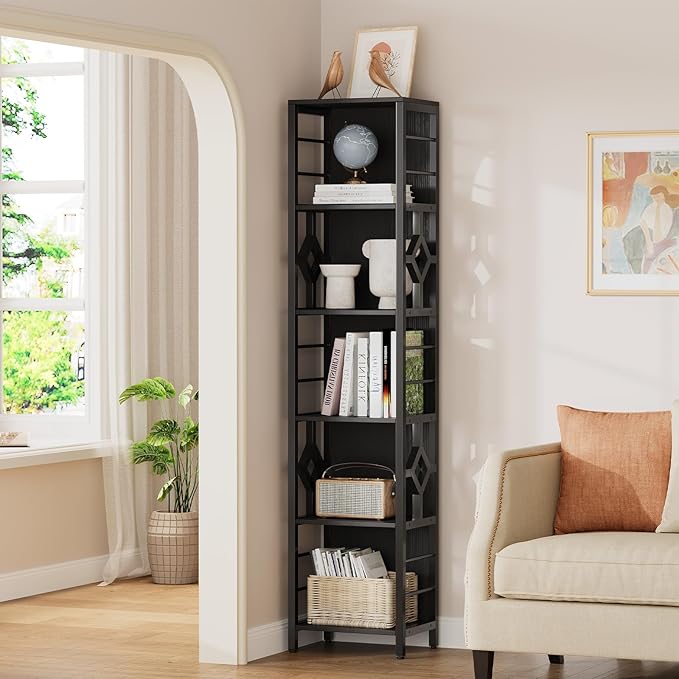YITAHOME Narrow Bookshelf, 5-Tier Industrial Book Shelf Storage Rack, Display Shelves Stand Etagere for Small Spaces, Open Bookcase for Bedroom Living Room Bathroom Kitchen, Black
